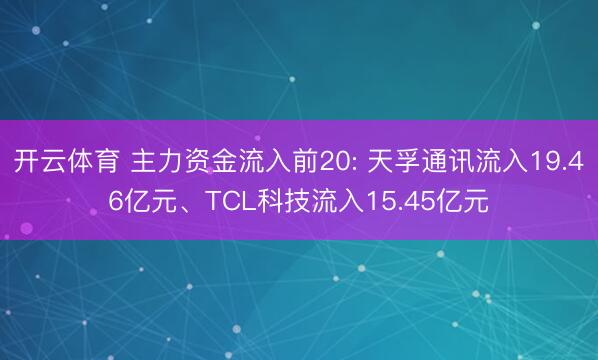 开云体育 主力资金流入前20: 天孚通讯流入19.46亿元、TCL科技流入15.45亿元